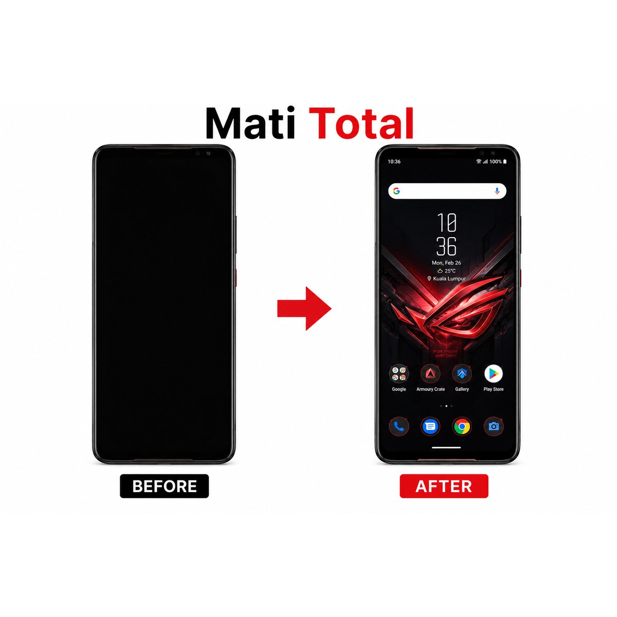 Before after perbaikan ASUS ROG mati total di Bengkel Henpon