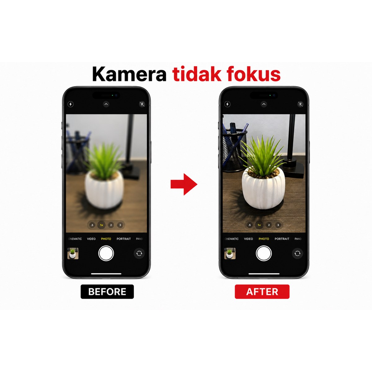 Before after perbaikan kamera tidak fokus iPhone 12 di Bengkel Henpon