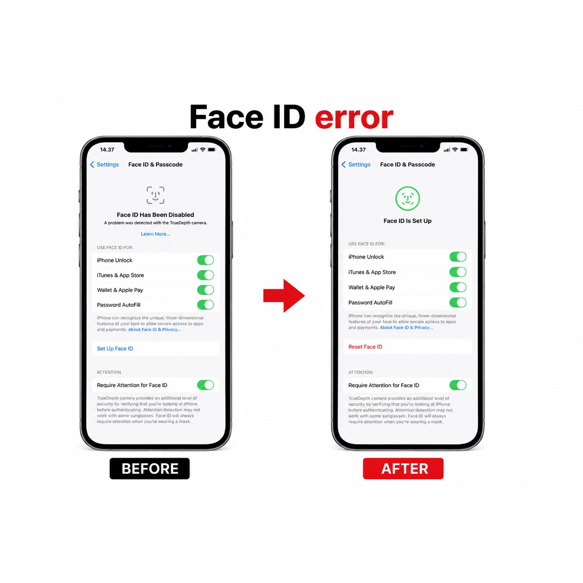 Before after penanganan Face ID error iPhone 13 di Bengkel Henpon