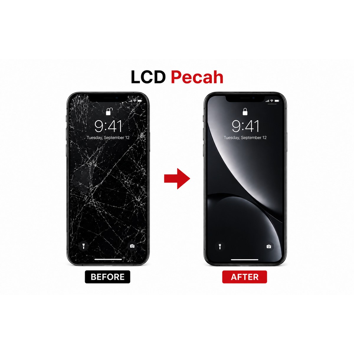 Before after perbaikan layar pecah iPhone 13 di Bengkel Henpon