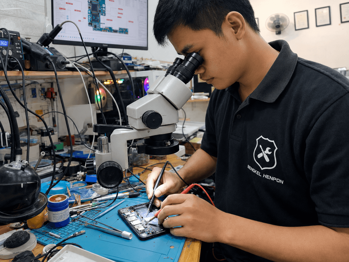 Teknisi Bengkel Henpon sedang melakukan perbaikan mainboard HP menggunakan mikroskop