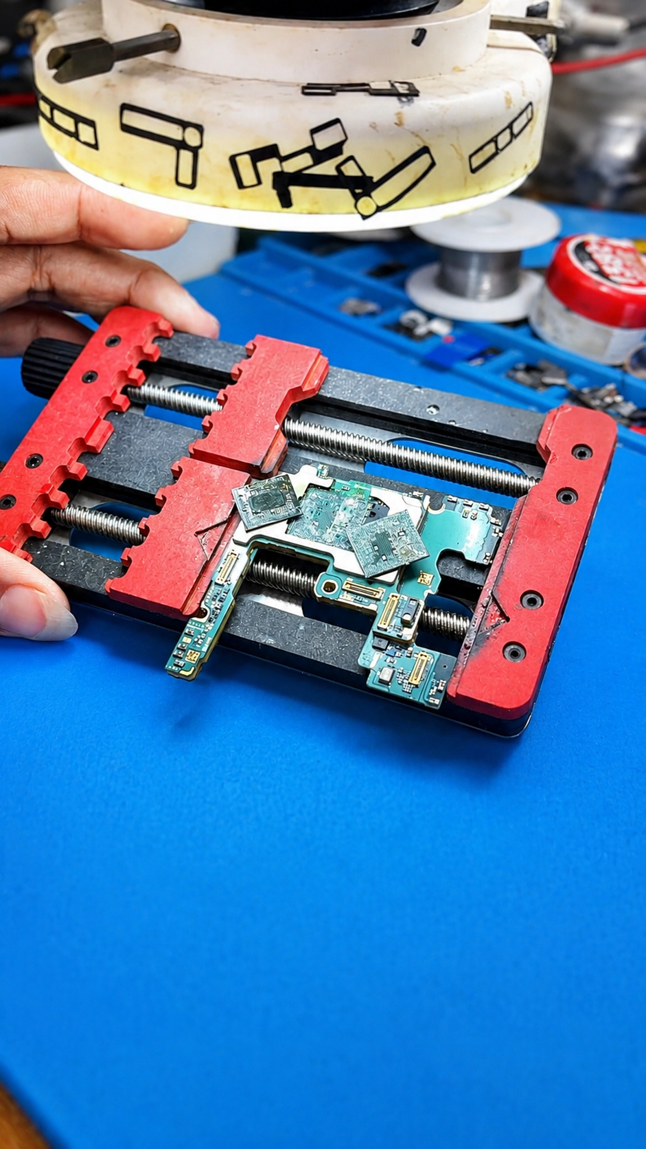 Proses perbaikan mainboard HP menggunakan PCB holder