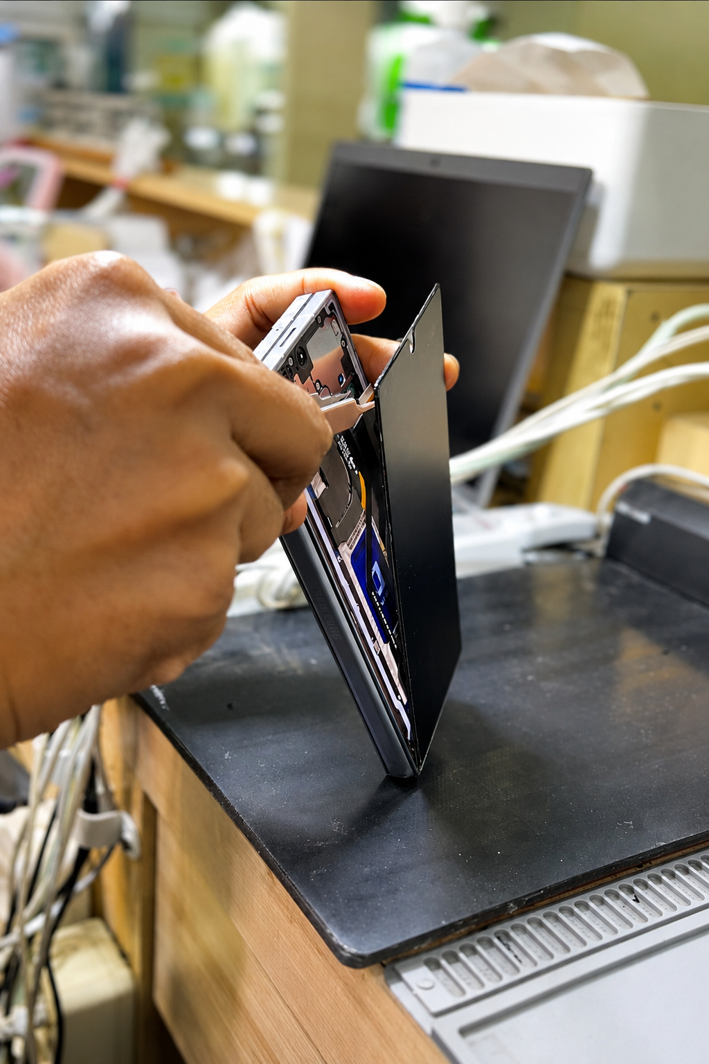 Proses pembongkaran inner screen Samsung Z Fold oleh teknisi
