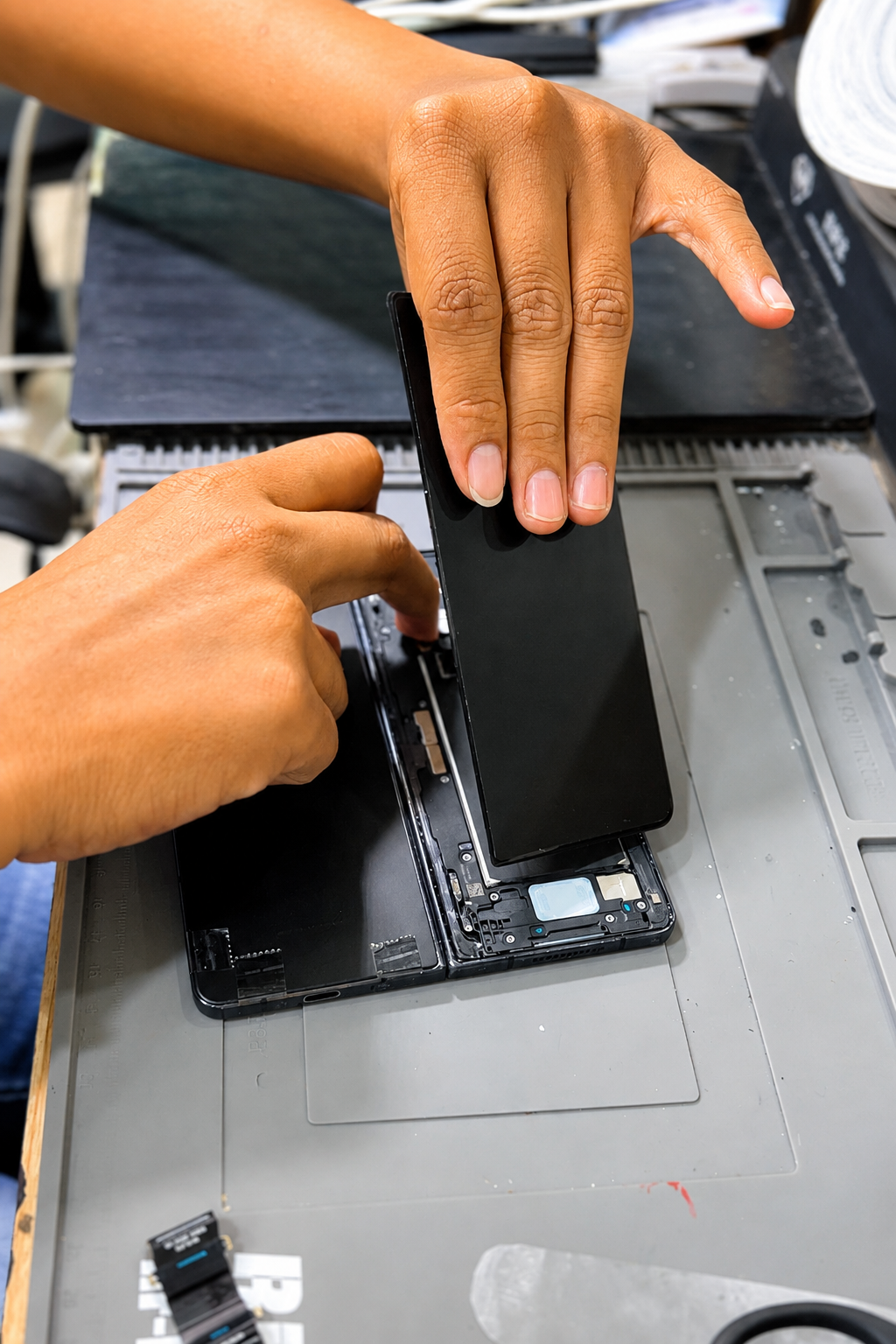 Proses perakitan kembali Samsung Z Fold setelah perbaikan